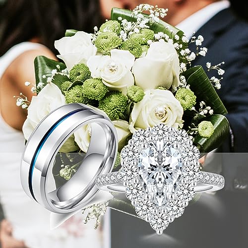 Teardrop Couple Bridal Ring Set Cubic Zirconia Engagement Rings for Women Mens Titanium Wedding Bands2