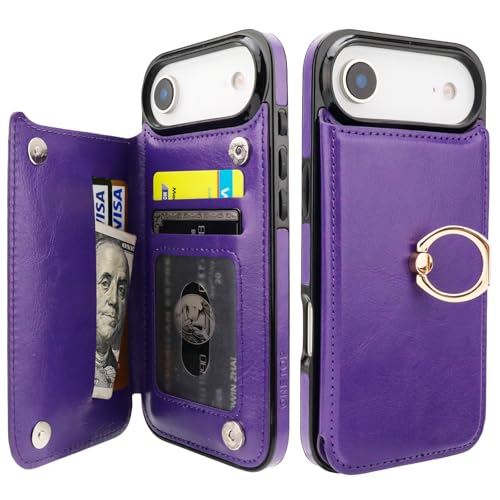 Étui portefeuille iPhone 17 Air ONETOP violet avec porte-cartes et anneau 360