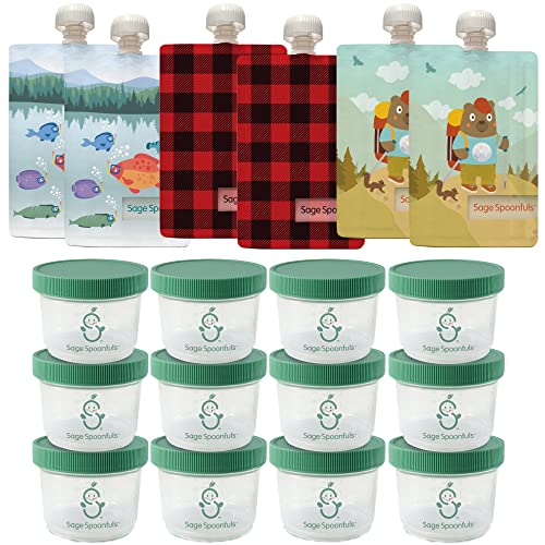 Image of Sage Spoonfuls Baby Food Storage Containers–12-Pack of 4 Ounce Plastic Storage Jars and 6-Pack of Reusable Puree Squeeze Pouches-Airtight,Leakproof, Dishwasher-Safe, Freezer-Friendly, BPA-Free Clear