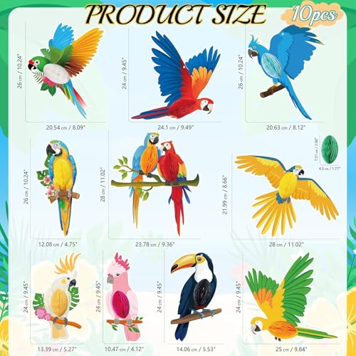 Image of GuassLee 10pcs Jungle Tropical Party Decorations Birds Honeycombs - Tropical Parrots Paper Cutouts Honeycombs Hanging Decorations for Hawaiian Luau Tiki Party Decor Supplies