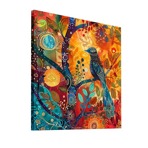 Image of PAINTINGMANTRA Abstract Birds Nature Stretched Canvas Painting for Living Room | Modern Tree Artwork Wall Decor Art For Livingroom, Bedroom, Office, Hallways - 16x16 Inch
