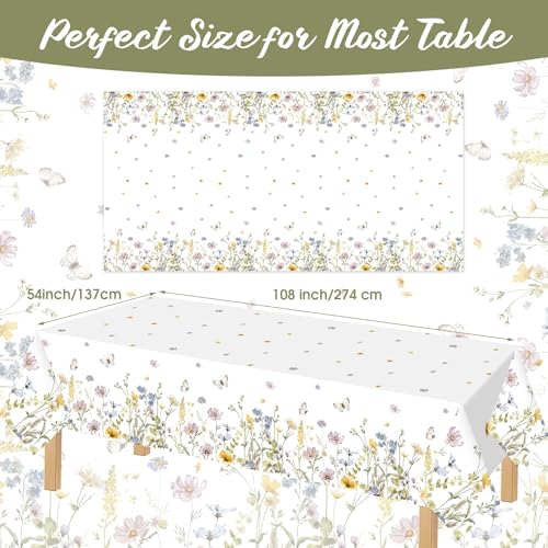 Image of Ganeen 3 Pcs Floral Tablecloth Wildflower Butterfly Disposable Plastic Tablecloth Rectangle Table Covers for Summer Spring Holiday Weeding Birthday Tea Party Supplies and Decoration, 54 x 108 Inch