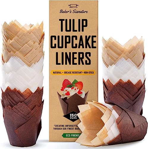 Tulip Cupcake Liners, Muffin Liners for Baking by Baker’s Signature – 150pcs of Parchment Paper Cups Cupcake Wrappers – Perfect Size, Sturdy, Greaseproof & Easy to Use – Beige White Brown