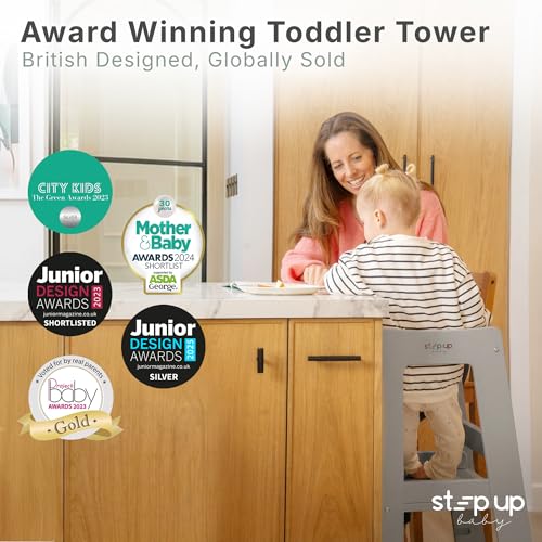 Image of Stepup Baby Toddler Standing Tower - 3 Level Adjustable Wooden Kitchen Step Stool, Bathroom Sink, Kitchen Counter, Kids 18 Months to 4 Years Gift - Gray
