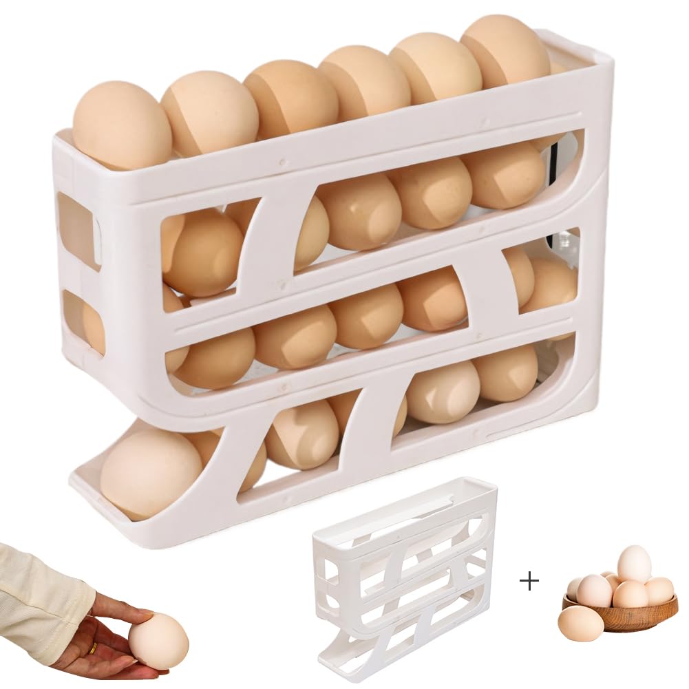 egg holder， 4 Tier Fridge Egg Dispenser Large Capacity Space Saving Container(White 2pcs)
