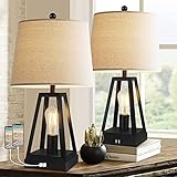 Farmhouse Table Lamps for Living Room Set of 2, 3-Way Dimmable Bedside Nightstand Lamps with USB...
