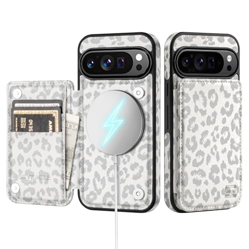 SkyEagle Compatible with Magsafe Google Pixel 10 Wallet Case with Card Holder PU Leather RFID Blocking Flip Cover Kickstand Credit Card Slots Men Women,Phone Case for Pixel 10 Pro,Leopard-White