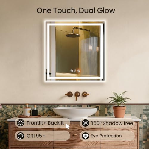 Image of 30x30 LED Bathroom Mirror with Anti-Fog, Backlit & Front Lit, Memory | Stepless Dimmable 3 Color CRI 95+ Shatterproof Tempered Glass ETL Listed for Safety Lighted Bathroom Vanity Mirror for Wall
