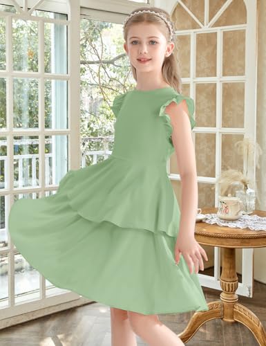 Girls' Dresses Ruffle Sleeve Solid Semi Formal Tiered Swing Midi Casual Summer Dress 6-14 Years4