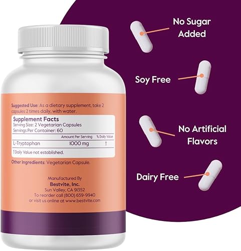 Miniatura 3 de L-triptófano 500 mg por cápsula 240 cápsulas vegetarianas paquete de 2 sin estearatos sin sílice sin gelatina vegano sin gluten sin OMG