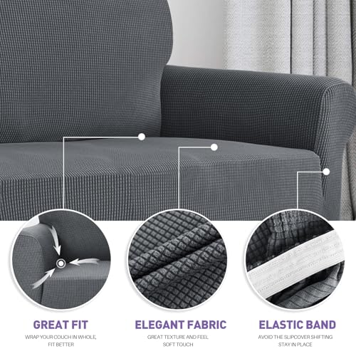 ZNSAYOTX Super Stretch Couch Cover Love Seat Sofa Covers for Living Room Dogs Pet Friendly Furniture Protector Spandex Loveseat Slipcovers with Anti Slip Foam Sticks (Dark Grey, Loveseat) - Thumbnail 3
