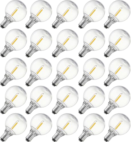 abulber DC 3V Low Voltage,Solar String Light Bulbs,Shatterproof Waterproof E12 G40 LED Bulbs,Warm White 25 Pack.