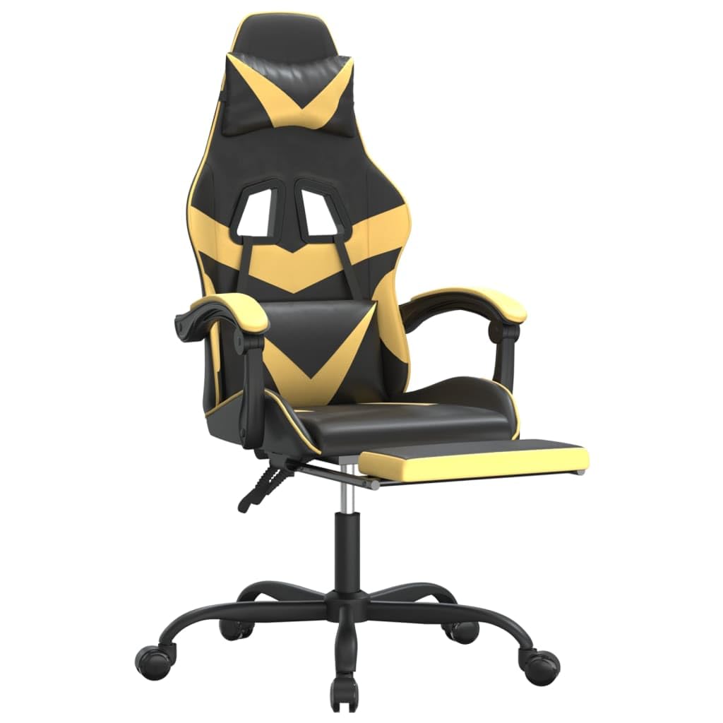 Drehbarer Gaming-Stuhl mit Fußstütze und Kissen aus Kunstleder in Schwarz & Golden, verstellbare Rückenlehne und Höhe, 360° drehbar, Robustes Metallgestell, max. 110 kg