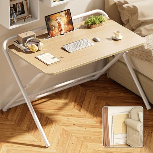 Huuger Folding Desk with 3-Level Adjustable Height and Tablet Slot,