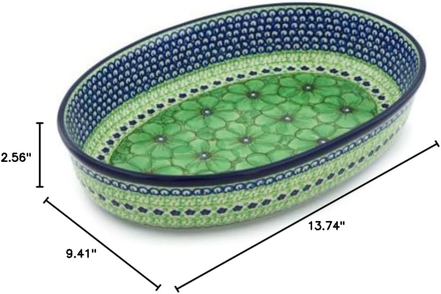 Polmedia Polish Pottery Oval Baker UNIKAT - Key Lime Dreams Pattern Handmade in Boleslawiec Poland by Ceramika Artystyczna + Certificate of Authenticity