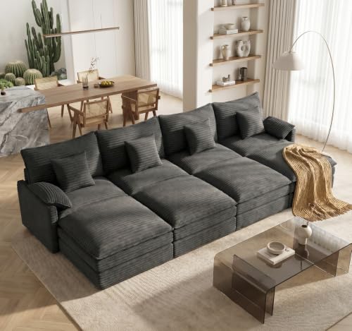 Image of Vesgantti 142 inch Oversized Sectional Sofa Bed, 8-Seater Modular Sleeper Cloud Couch with Movable Ottoman, Corduroy Convertible Sofa Set Deep Seat Couches for Living Room, Bedroom and Apartment, Gray
