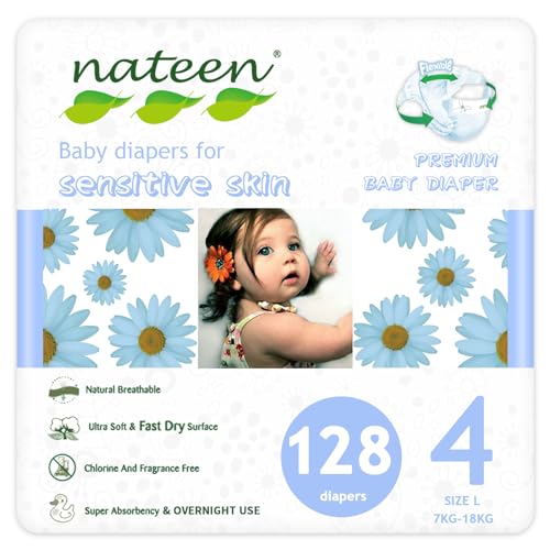 Nateen Premium Baby Diapers, Overnight Use Disposable Diapers for Sensitive Skin, Ultra Thin Diapers with Comfortable Fit. Size 4 (Large), 128, Count.