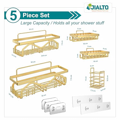 Image of JIALTO 5 in 1 Self-Adhesive Bathroom Organizer Combo - No Drill Wall Mounted Shelf Stand with Metal Racks, Toothbrush Holder, Soap Dish & Storage Tray - Multipurpose Bathroom Accessories (Golden)