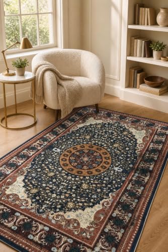 Image of CASA-NEST Velvet Touch Area Rug (4x6 ft), Ultra Soft Anti-Skid Backing, Washable Large Floor Carpet for Living Room - Royal Navy Medallion
