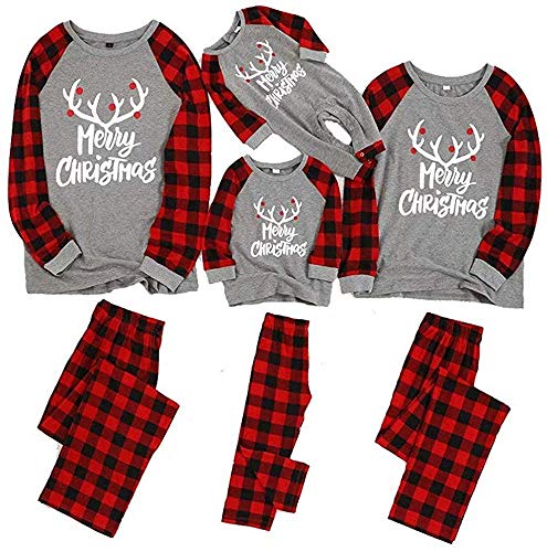 Christmas Family Pajamas Sets PJ's with Letter and Plaid Printed Long Sleeve Tee and Pants Loungewear (MOM-S,Gray)