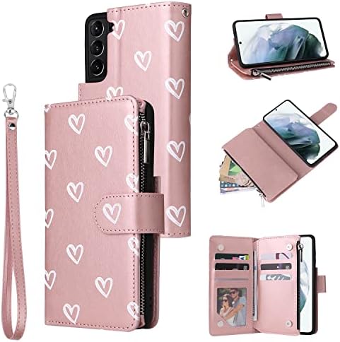 UEEBAI Wallet Case for Samsung Galaxy S21 5G, Premium PU Leather Magnetic Closure Geometric Marble Pattern Handbag Zipper Pocket Case Kickstand Card Slots Shockproof Flip Cover - Pink & Purple