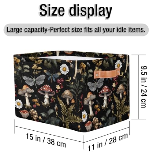 Image of Mushrooms Daisies Storage Baskets for Organizing, Fabric Collapsible Storage Bins Box Forest Plants Decorative Toy Organizer Baskets for Closet Shelves Gift Basket 2Pcs