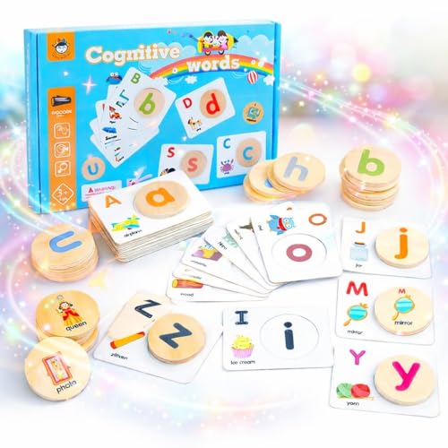 Image of PLUSPOINT Cognitive Words Letter Matching Game for Kids | Montessori Spelling & Phonics Learning Toy with Flash Cards & Wooden Alphabet Blocks | Early Reading Educational Toy for Ages 3+ Years