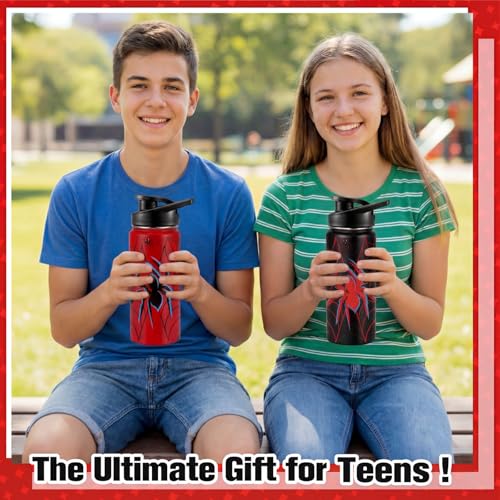 Image of Bokon 2 Pcs Spider Water Bottle with Straw Lid 16 oz Insulated Red Black Stainless Steel 18 /8 Spiderweb Vacuum Cups Tumbler for Travel Outdoor Family Friend Gifts, Leak Proof Lid Design(Vivid)