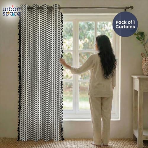 Image of Urban Space Boho Decorative Curtains for Window, 100% Cotton Curtain 5 Feet Long, Set of 1 Curtains with Tassels, 60-65% Room Darkening Curtain with Tieback and Eyelets (Herringbone Grey, 5 Feet)