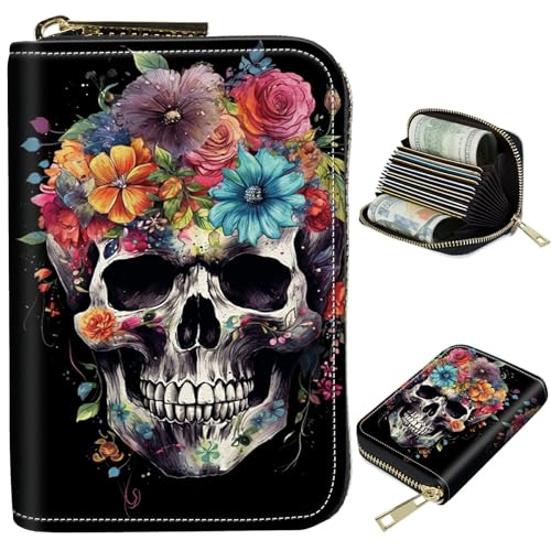 Image of Cute Credit Card Holder with Zipper, Sugar Skull Flowers RFID-Blocking Card Case Small Wallet for Women Men, Multi-slot Card Organizer Case Travel Accordion Wallet