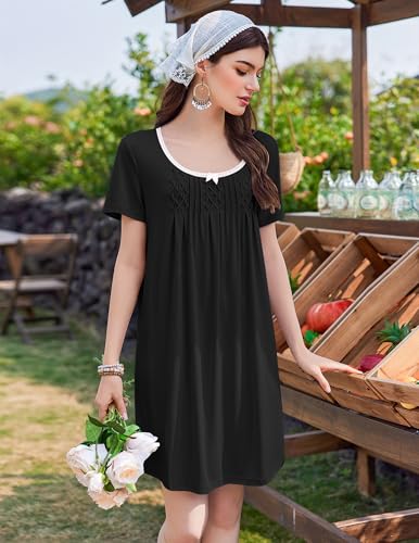 Image of Ekouaer Nightgowns for Women Pleated Sleep Shirts Short Sleeve Night Shirts Lace Trim Night Gown Ladies Sleep Dress