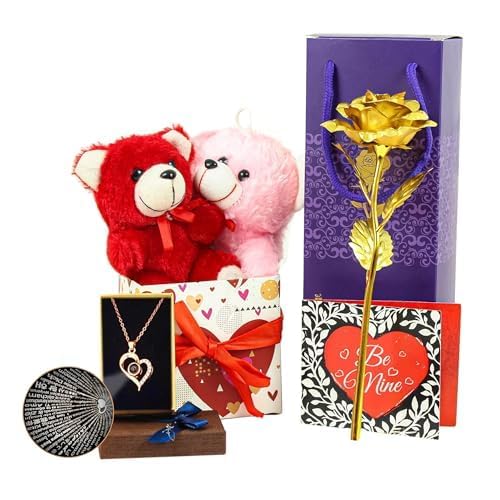 Image of TIED RIBBONS Valentine Gift Hamper for Girlfriend Wife Girls Women Birthday Wedding Anniversary - Romantic Gifts - Teddy Bear Couple, Card, Ring and Artificial Golden Rose Flower with Box
