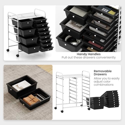 Image of LDAILY 12 Drawer Rolling Storage Cart, Rolling Cart with Drawers for Classroom, Art Supply Craft Organizer on Wheel with Metal Frame & Handles for Home Office School (Black, 12 Drawer Left-Right)