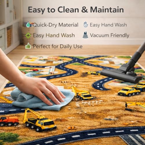 Image of Matz&More Kids Play Area Rug, Brown Children Construction Track Design 100 x 150 CM