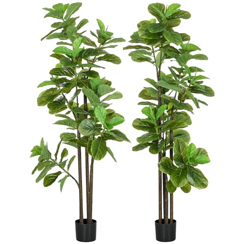 HOMCOM Ficus Lyrata - Lote de 2 plantas artificiales, hoja de violín, altura 180 cm, con maceta, árbol grande artificial para decoración
