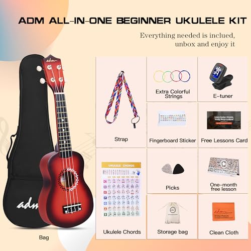 Image of ADM Ukulele for Beginners Hawaiian Wood Ukelele Kit for Kids Adult Student Starter Professional Ukalelee Pack Bundle with Free Lessons Gig Bag Strap Nylon String Tuner (Brownbrust, 21 Inch)