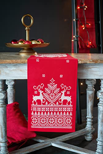 Image of Vervaco Embroidery Christmas Embroidery Kits Cross Stitch Table Runner DIY Set, Tablecloth to Embroider with Image on Cotton and Embroidery Thread, 12 x 42 Inches, Sleigh