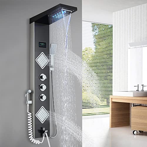 Saeuwtowy Columna Ducha Hidromasaje LED 6 Funciones Acero inoxidable Negro y Níquel Cepillado Panel de Ducha Montaje en Pared Cover