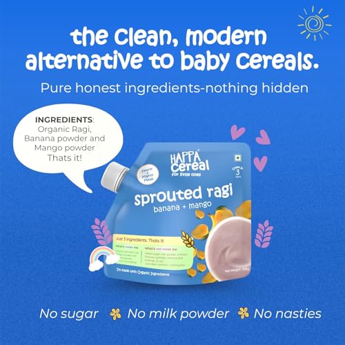 Image of Happa Organic Baby Food Porridge Mix Cereal (Pack of 4 (200 G), Ragi + Almonds + Dates & Ragi + Mango + Banana)