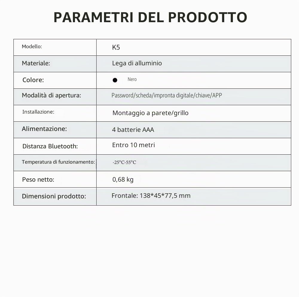Smart KeyBox - Cassetta portachiavi connessa in alluminio nero - Gateway Bluetooth/Wi-Fi 2,4 GHz incluso - App Tuya - Codice, 4 badge, Impronta, Smartphone, 2 chiavi di riserva