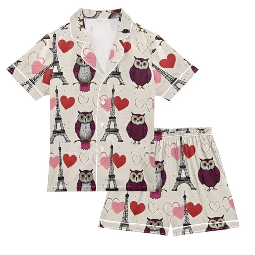 Eiffel Tower Owl Pajamas Set Summer Button Down Sleepwear Pjs Sets Comfy Loungewear