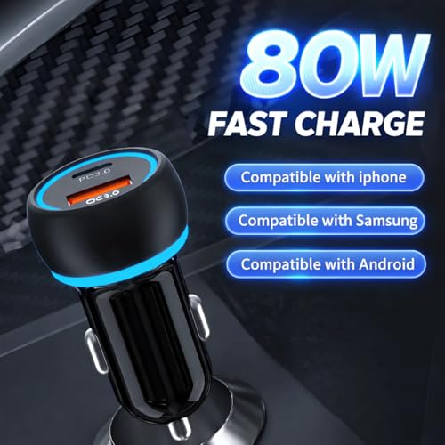 Image of 80W Dual Port Car Charger, 45W PD USB-C + 35W QC USB-A Fast Charging Adapter, LED Indicator, Compatible with iPhone & Android Smartphone, Smartwatch, Earbud, Power Bank (Black)