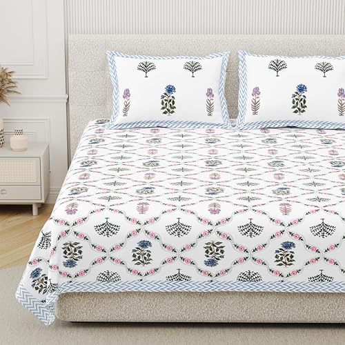 Image of DE CAMA 100% Cotton King Size Bedsheet, Blue & Pink | 300 TC Premium, 90 x 108 Inch, 2 Pillow Covers Set 17 x 27 Inch, Hand Block Printed, Since 1997