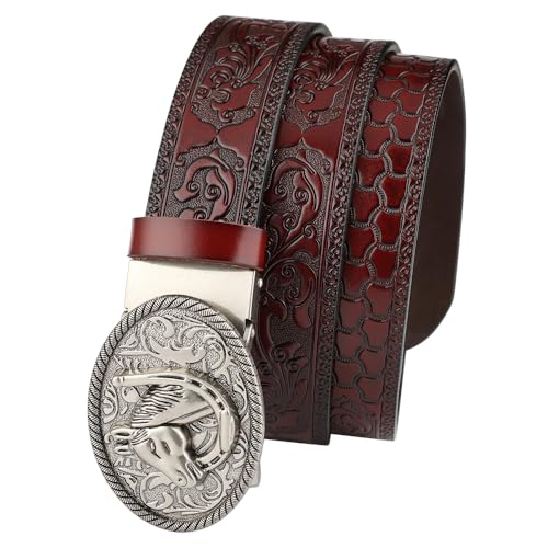 Automatic Buckle Cowhide Leather Belt for Men, Casual Business Dress Belts Waist Width 3.5Cm, Embossing Western Cowboy Belts,Reddish brown a,110CM/43.3''2