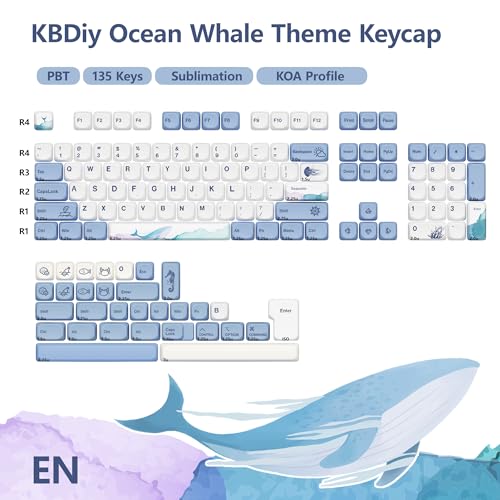 Image of KBDiy Ocean Whale KOA Profile Keycaps Set,Dye-Sublimation PBT Blue Cute Custom Keyboard Keycap,135 Key Cap Set for Cherry Gateron MX Switches Mechanical Keyboards