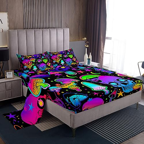 Feelyou Halloween Bed Sheets Set Kids Sugar Skull Sheet Set Mushroom Sheets with Deep Pocket Fitted Sheet for Room Decor Lightweight Fluorescent Style Bedding Set with 2 Pillow Case