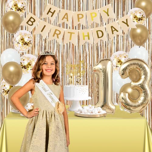 Image of Trgowaul 13th Birthday Decorations for Girls, Banner, Sash and Crown, Cake Topper, 13 Number Balloon, Fringe Curtains, Champagne Gold 13 Birthday Party Supplies