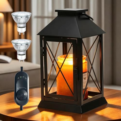 Aaffkaa Candle Warmer Lamp with Timer Dimmable Compatible with 3 Wick Candle/Large Candle Vintage Lamp Candle Warmer Lantern Farmhouse Style Fully Enclosed Designed and Hanging Up-Black