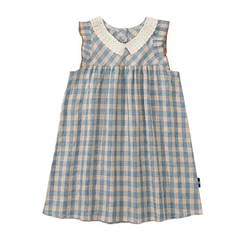 Girls Summer Sleeveless Plaid Dress Cute Ruffle Knit Little Girl Collar Swing Dress Causal Smocked Beach Dresses