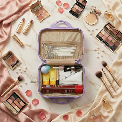 Image of SHAMAX Makeup Organizer Box for Women | Bridal Makeup Case Lockable Vanity Case for Cosmetics, Jewellery & Beauty Storage Organizer, Gift for Women (Cream)